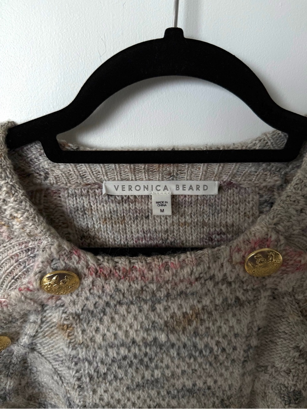 Veronica Beard Cream Multi-Fleck Crewneck Sweater with Gold Buttons